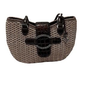 Brighton Basket Weave Brown Leather Braided Straps Croc Embossed Shoulder Bag
